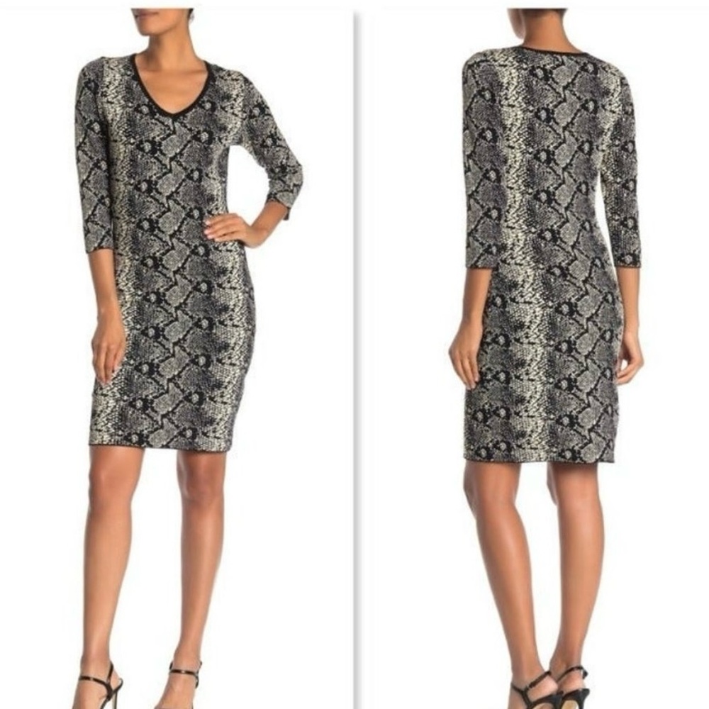 Nanette Lepore knit black & beige snake print dress with V-Neck and 3/4 Sleeves